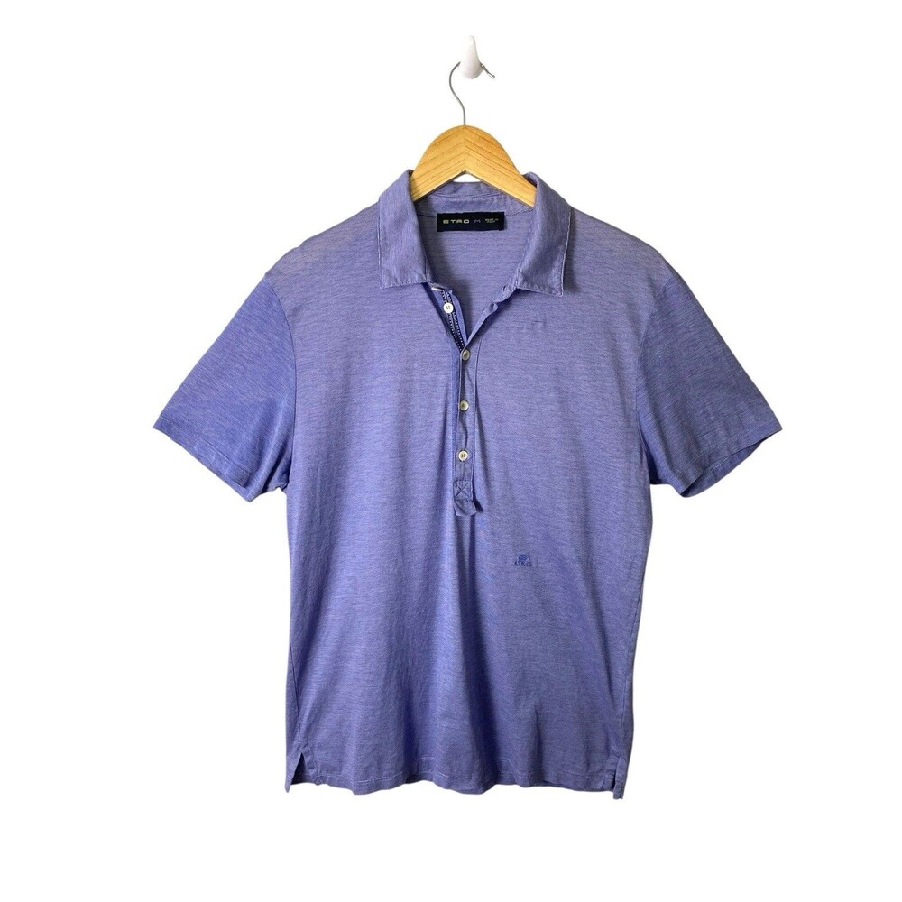 Men's Etro Polo Shirt M Blue/White Stripe Short Sleeves 100% Cotton Lightweight